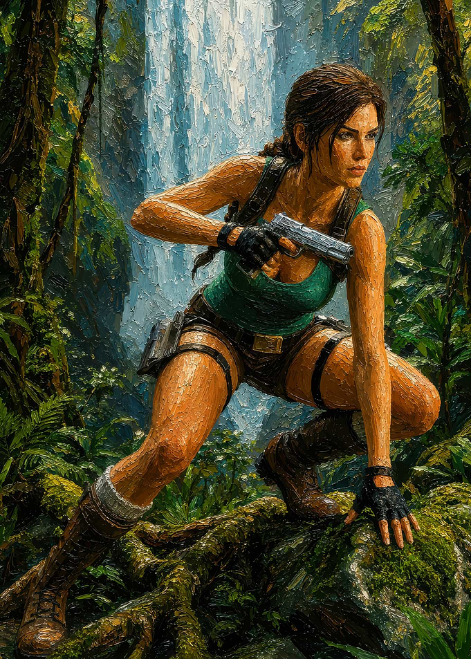Lara Croft in a Jungle Waterfall