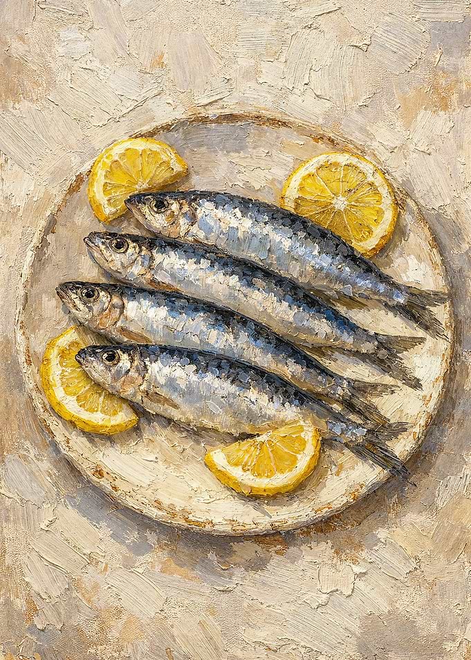 Vintage Sardine Fish and Lemon Still Life Painting