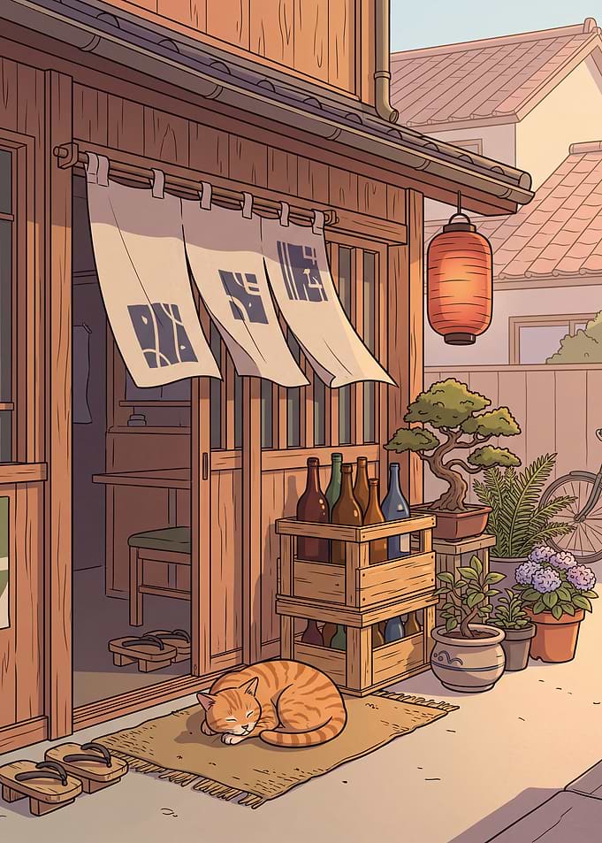 Cat Sleeping Outside Japanese Shop