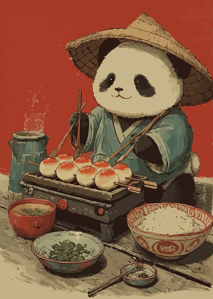 Panda cooking grilled food