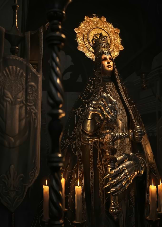Armored Virgin Mary Statue with Sword