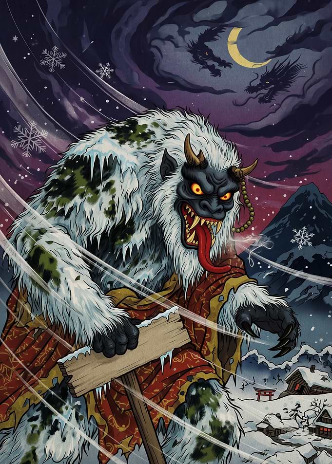 Yeti Monster in Snowy Japanese Landscape