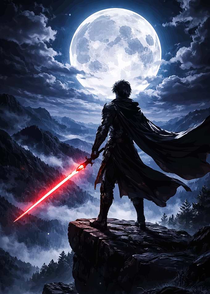Warrior with glowing sword under moon