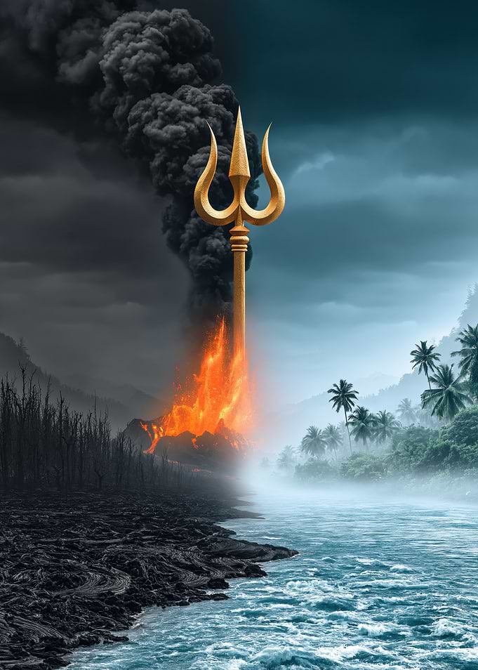 Trishul Amidst Volcanic Eruption and Lush Landscape