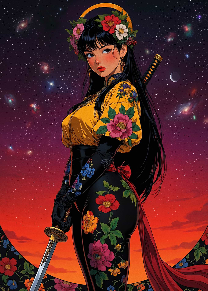 Samurai Woman in Floral Outfit Against Cosmic Background