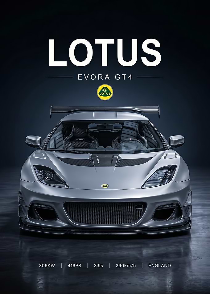 sleek silver Lotus Evora GT4 Race Car poster