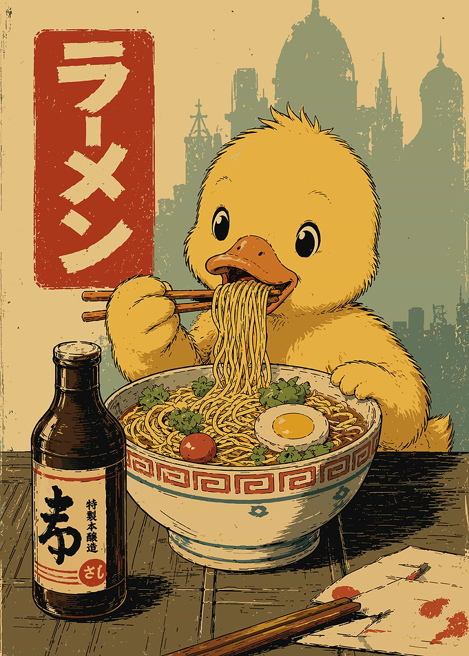 Cute Duckling Ramen Poster Vintage Japanese Food Wall Art Illustration