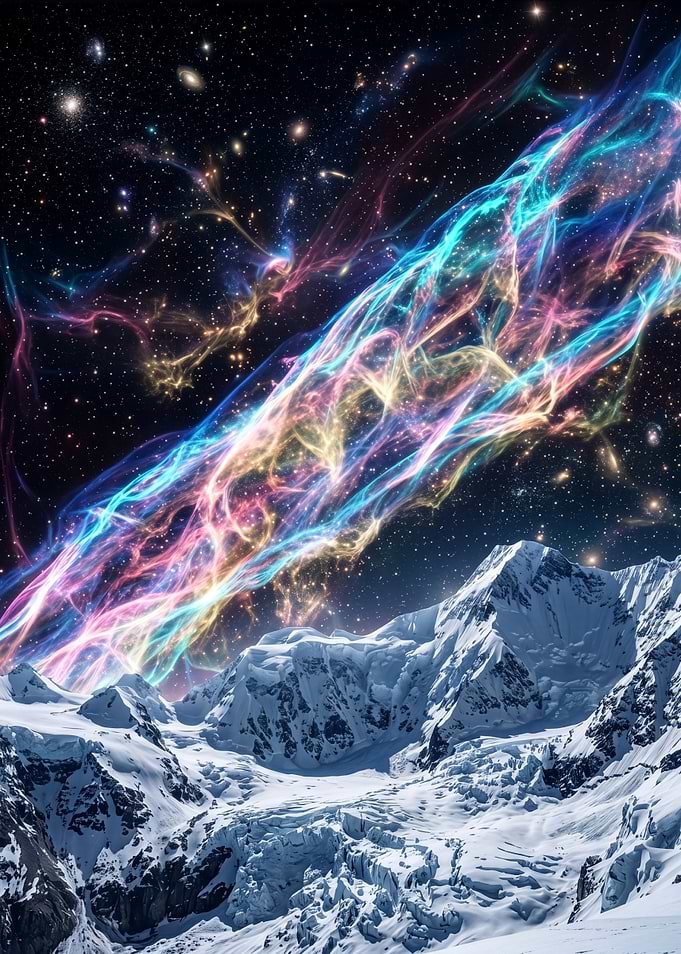 Cosmic Nebula Over Snowy Mountains