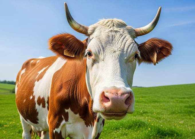 Close-up of a brown and white cow
