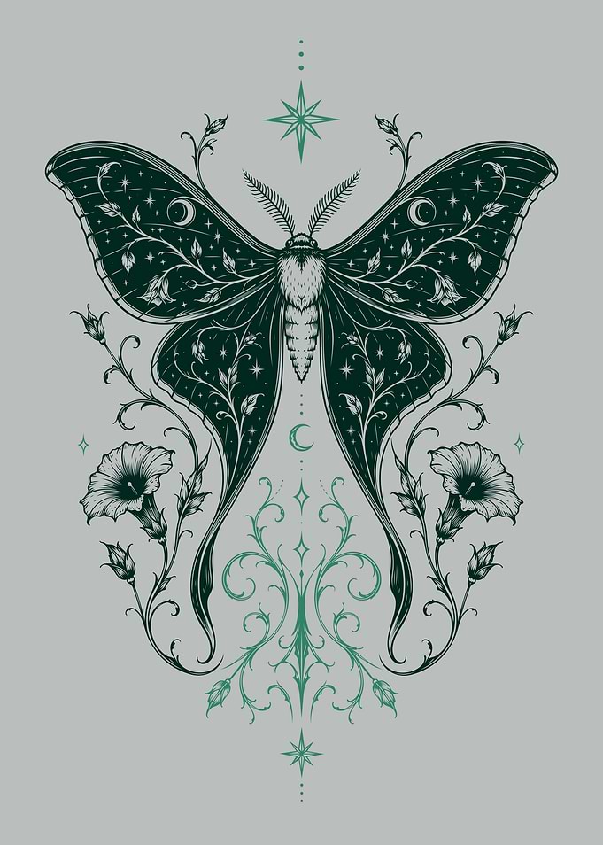Luna Moth Art - Mystical Moth and Floral Design