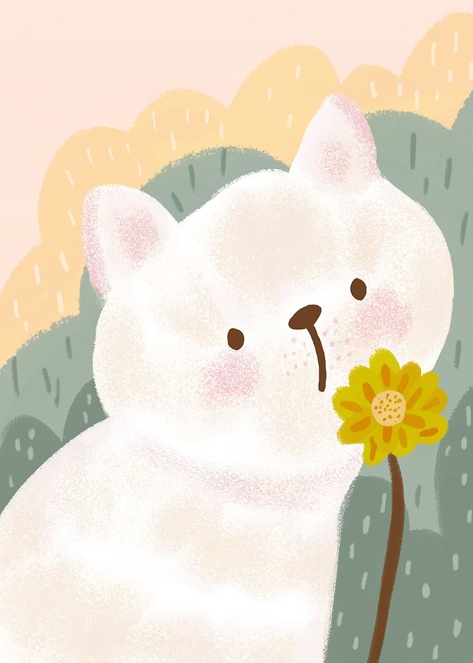 Cute White Cat Holding a Yellow Flower