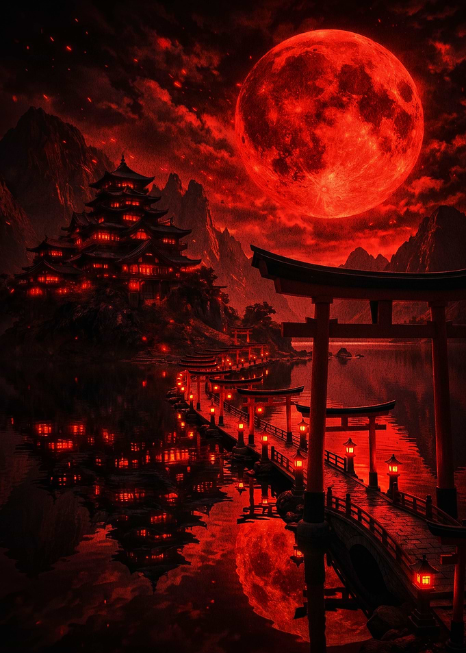 Crimson Moon Over Japanese Shrine