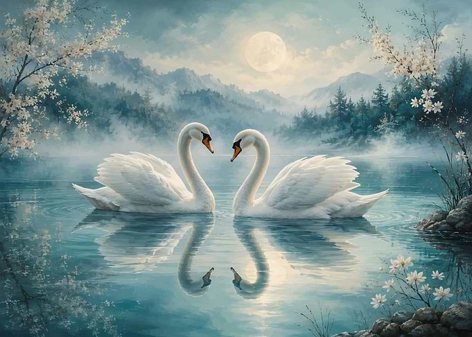 Two Swans in Love by Moonlight