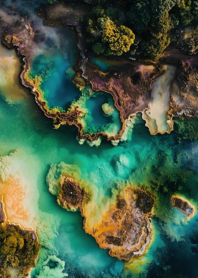 Aerial View of Colorful Geothermal Pools