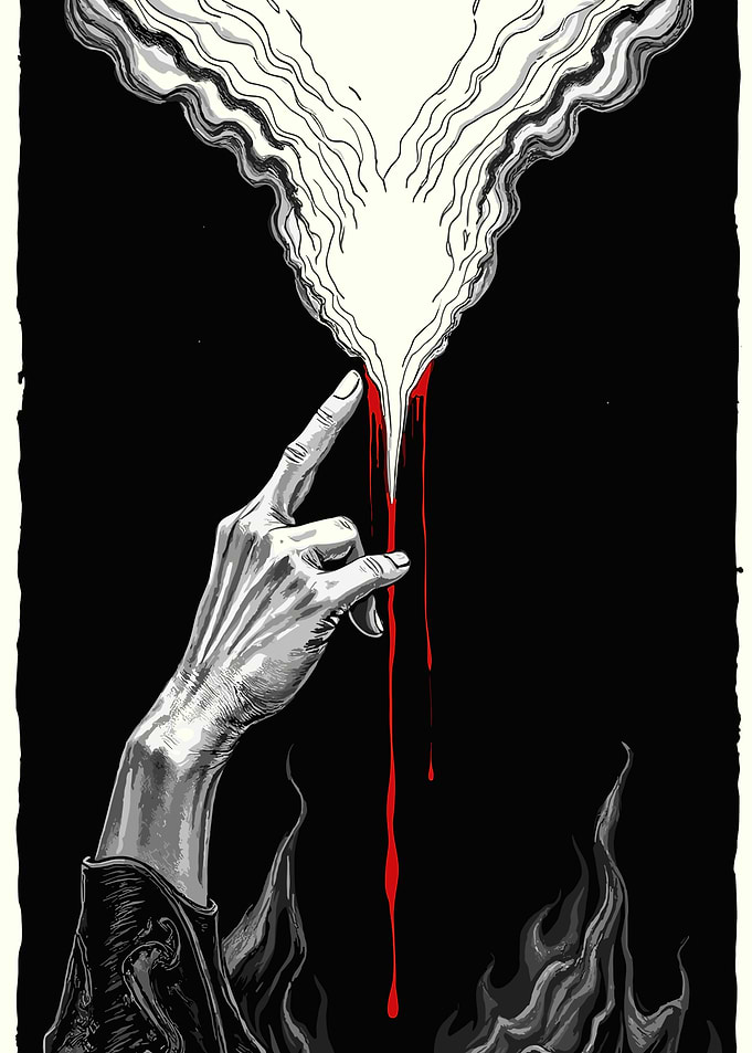 Hand touching smoke with blood