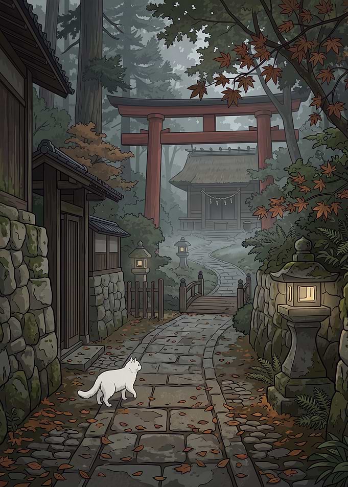 White Cat at Japanese Shrine Entrance
