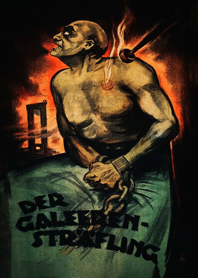 Man suffering in chains with guillotine