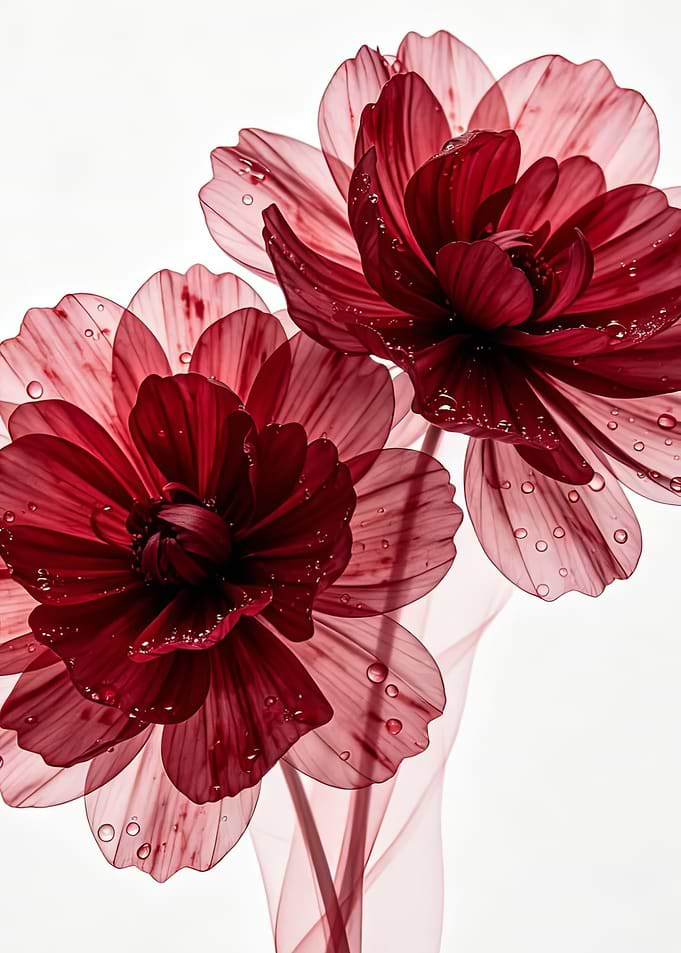 Two Red Dahlia Flowers with Water Droplets