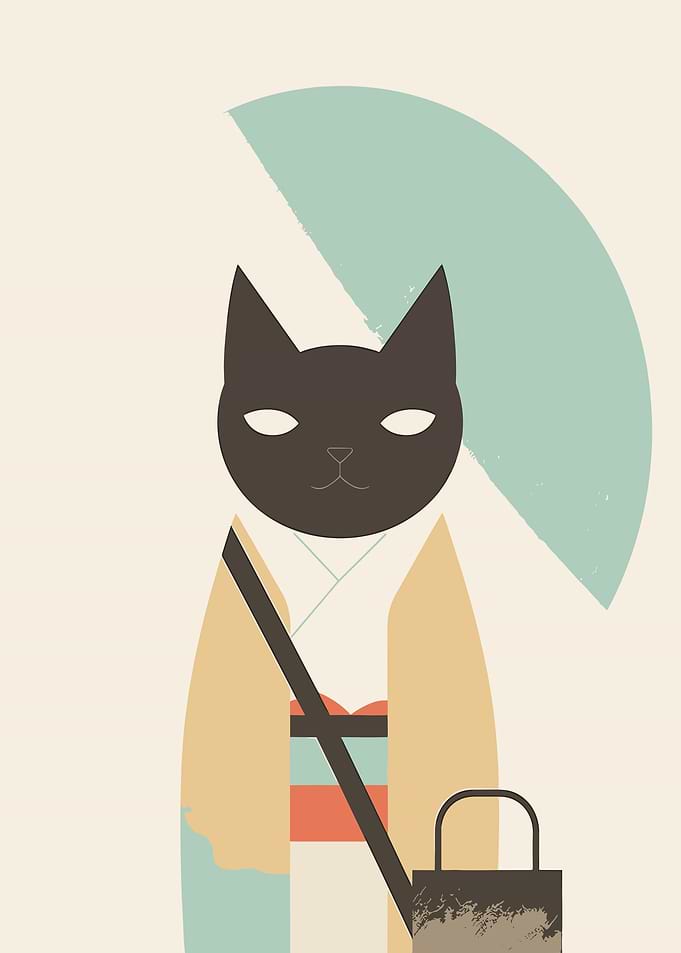 Cat in Kimono with Umbrella