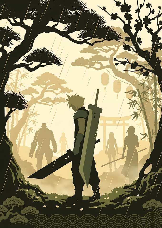 Final Fantasy VII Characters in a Japanese Garden