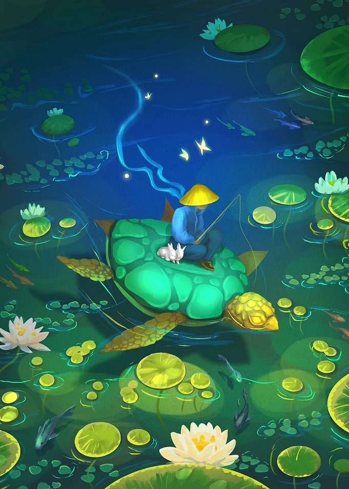 Fisherman on a giant turtle