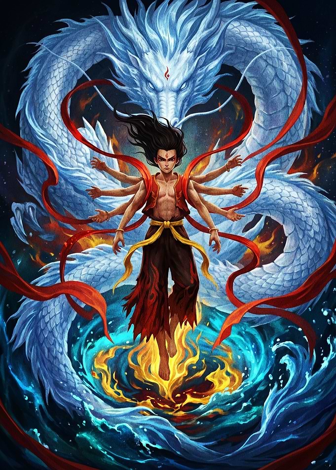 Multi-armed warrior with dragon