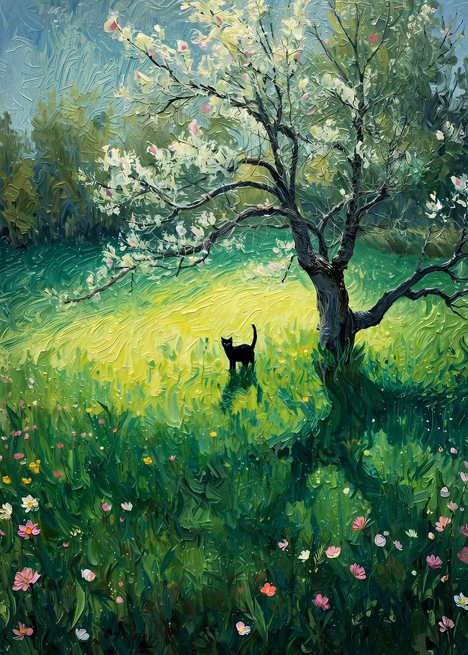 Black Cat in a Spring Meadow