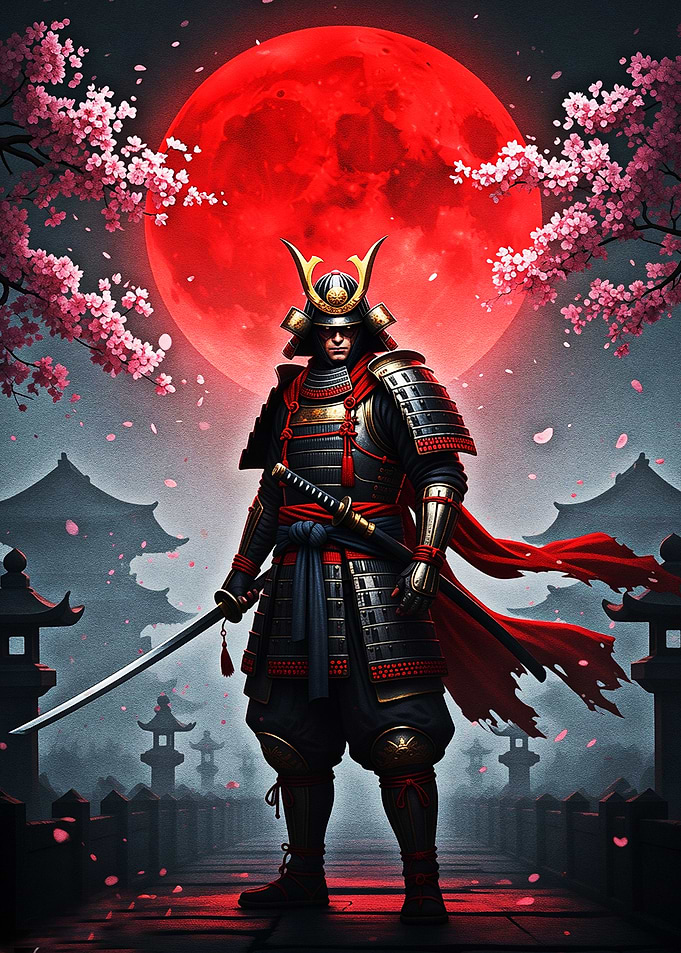 Samurai Warrior Under a Red Moon