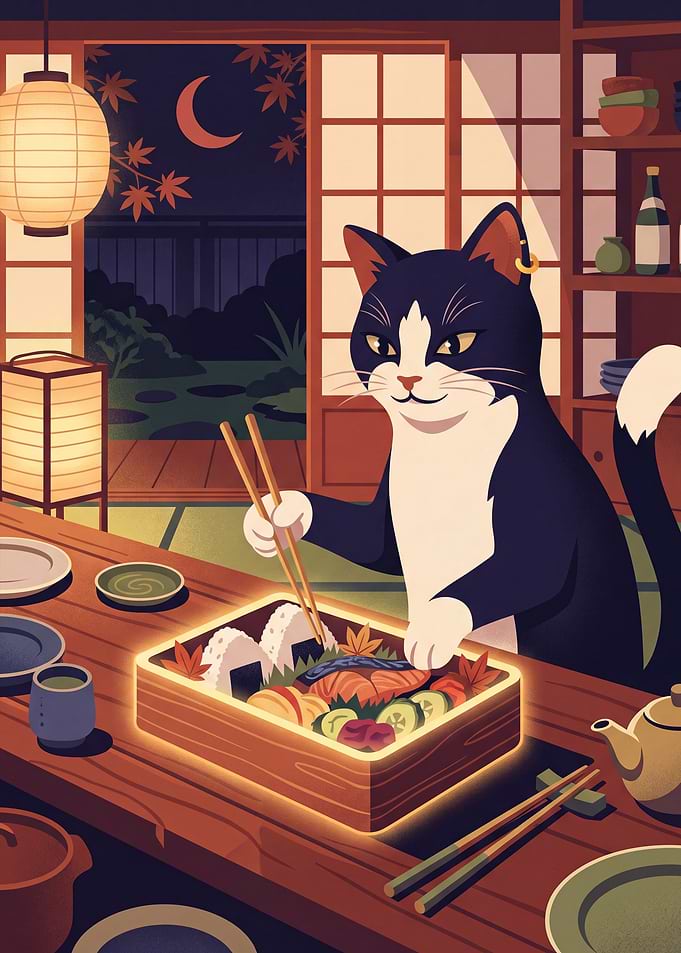 Cat Eating Sushi Bento Box