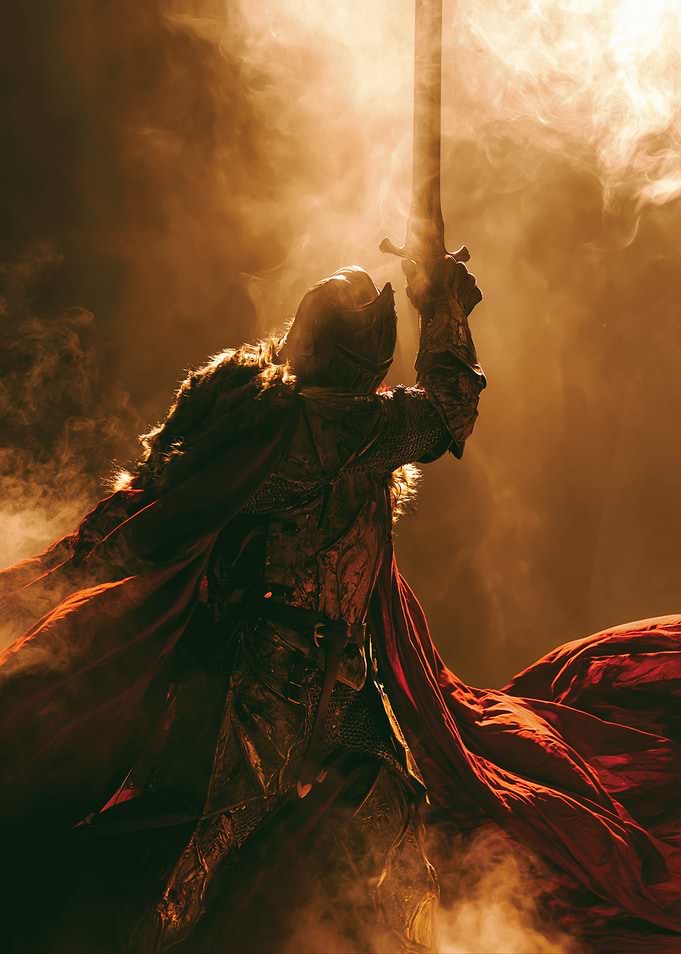 Knight Raising Sword in Smoke
