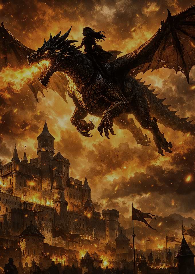 Dragon Rider Attacking a Burning Castle
