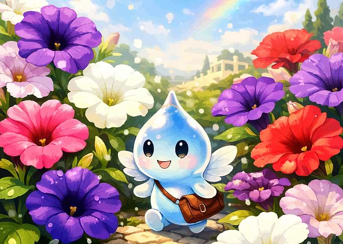 Cute Water Drop Character in a Flower Garden