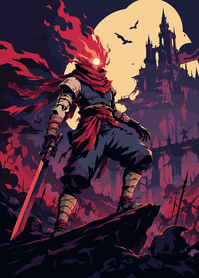 Pixel Art Warrior with Fiery Head