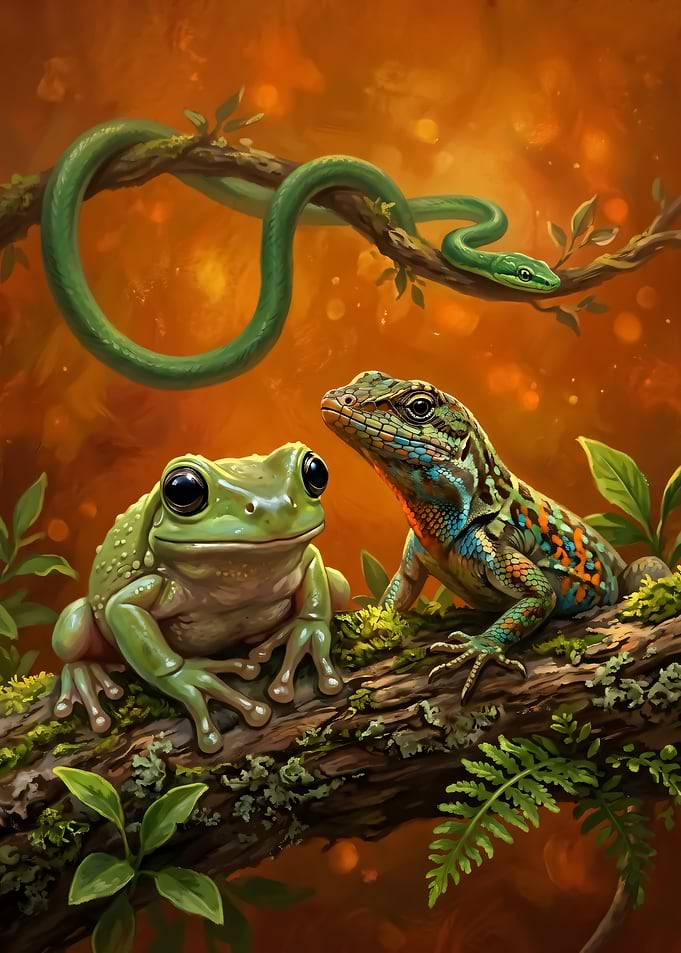 Frog, Lizard, and Snake on a Branch