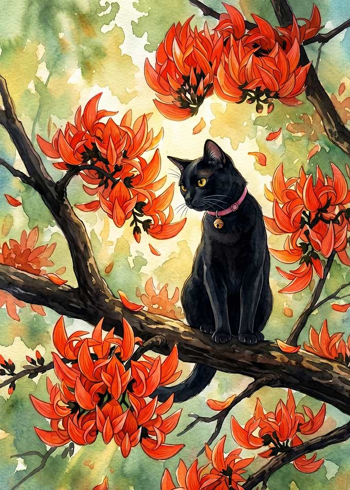 Black Cat on a Branch with Orange Flowers