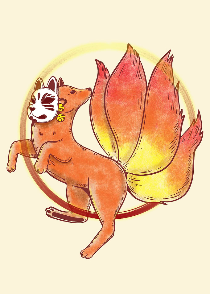Kitsune Fox with Mask and Bells