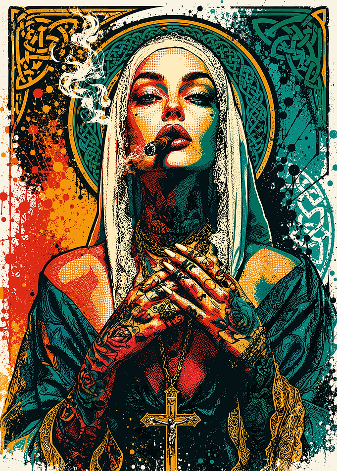 Tattooed Madonna Smoking a Cigar