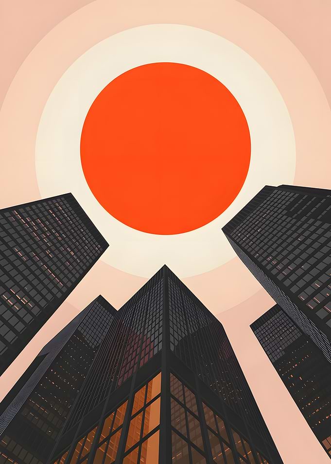 Cityscape with Sun and Skyscrapers