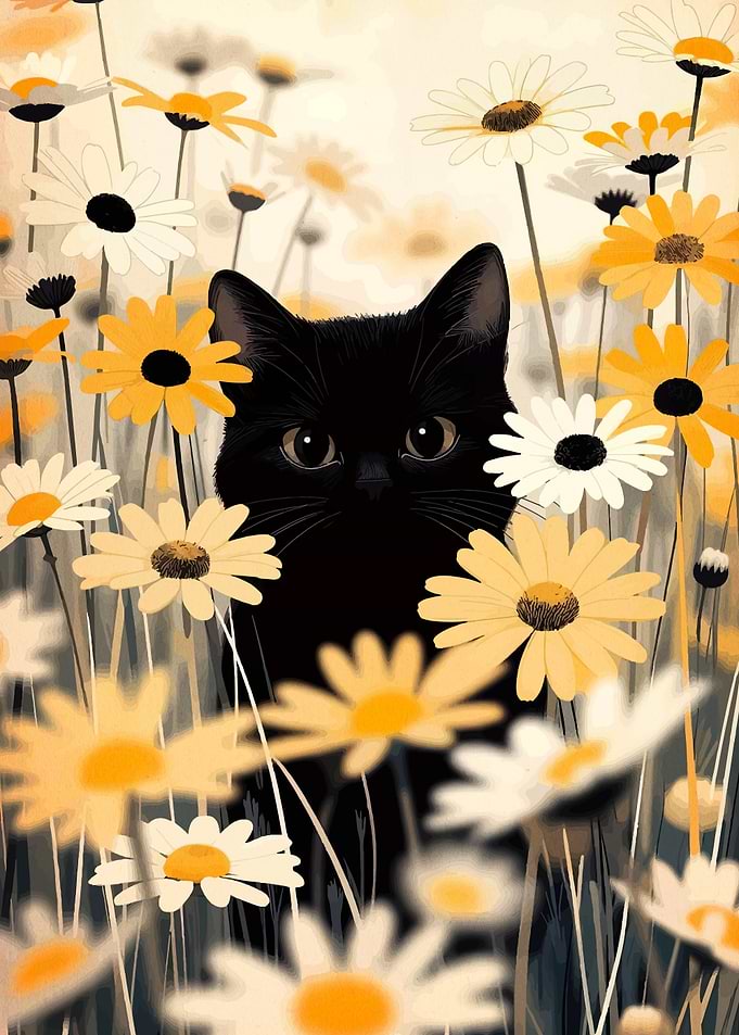 Black Cat in Daisy Field