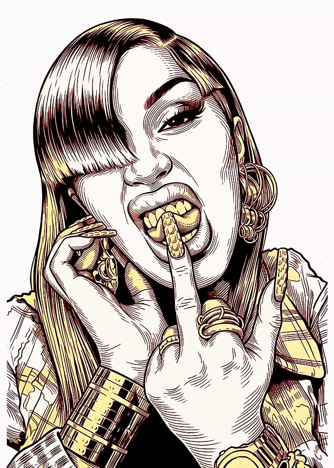 cardi b with Gold Grillz and Jewelry