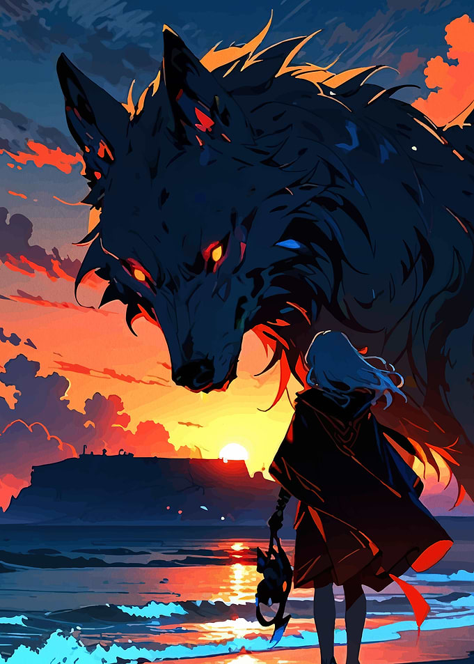 Giant Wolf and Person at Sunset