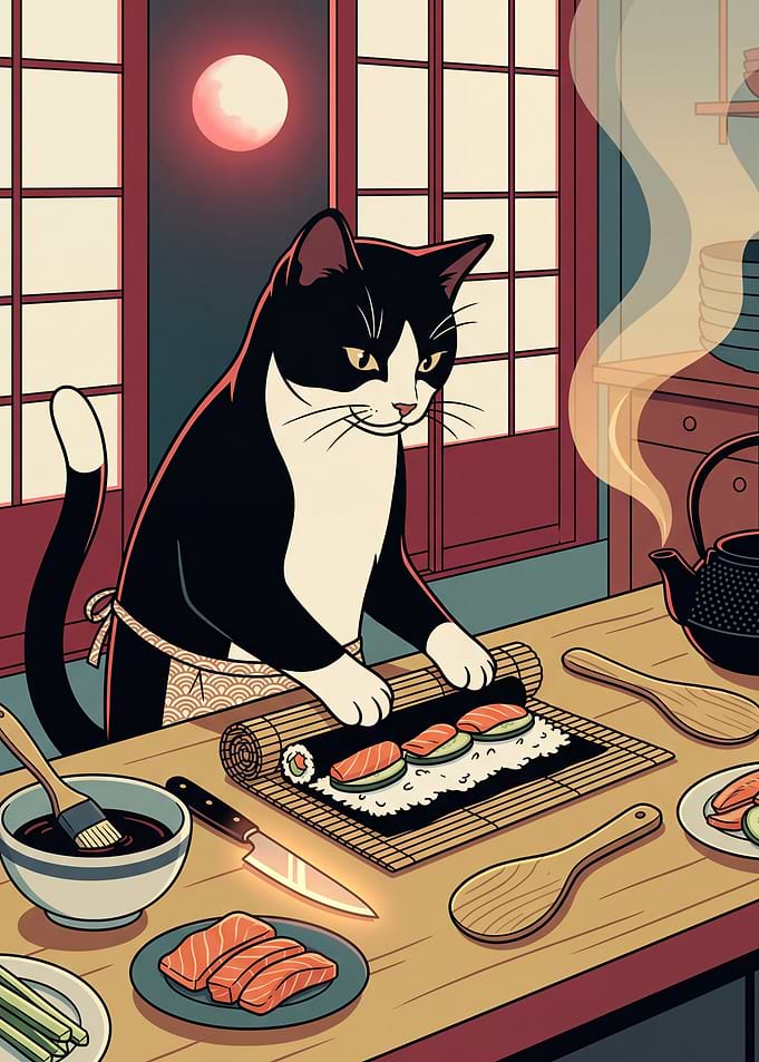 Cat making sushi