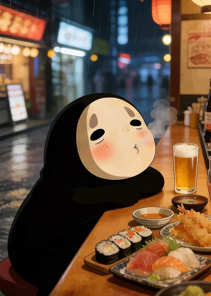 No-Face Enjoys Sushi and Beer