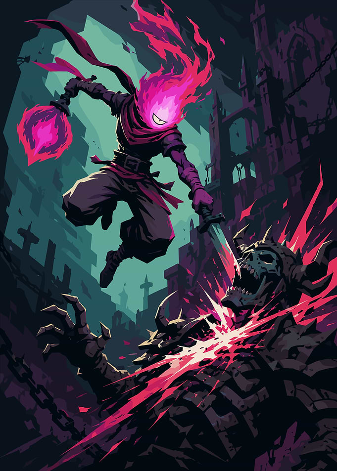 Pixel Art of a Fiery Warrior Fighting a Monster