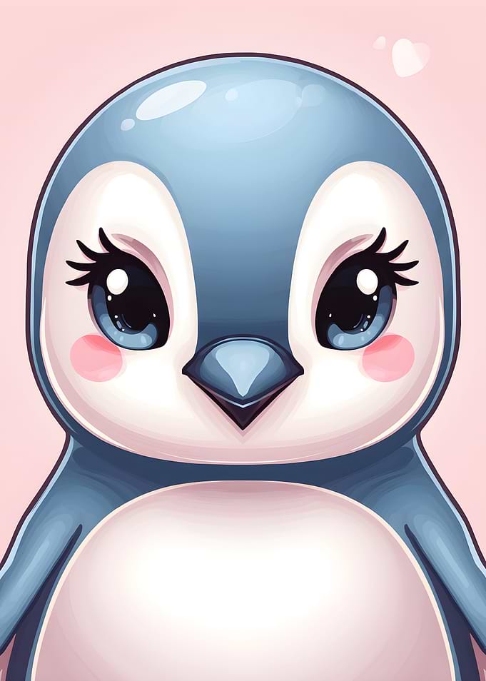 Cute Cartoon Penguin with Pink Hearts