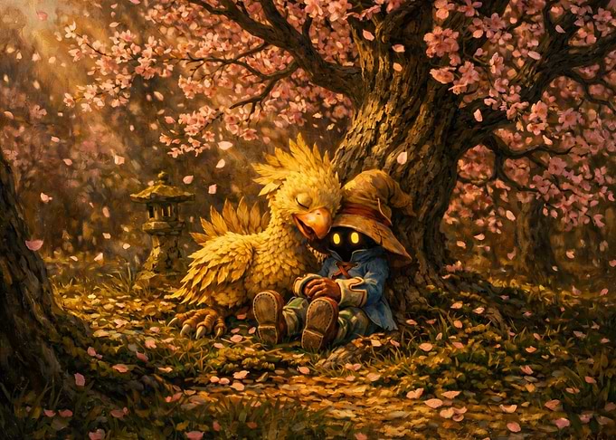 Vivi and Chocobo under Cherry Blossoms