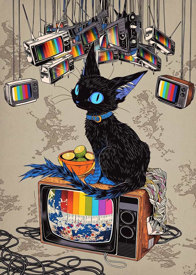 Black Cat with Blue Eyes and TVs