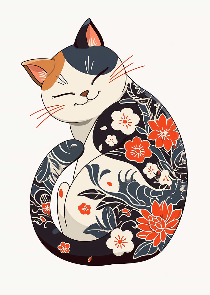 Calico Cat with Floral Tattoo