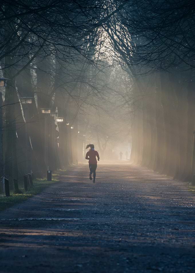 Runner in foggy park alley