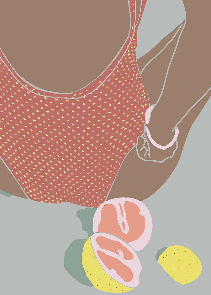 Woman in polka dot swimsuit with fruit